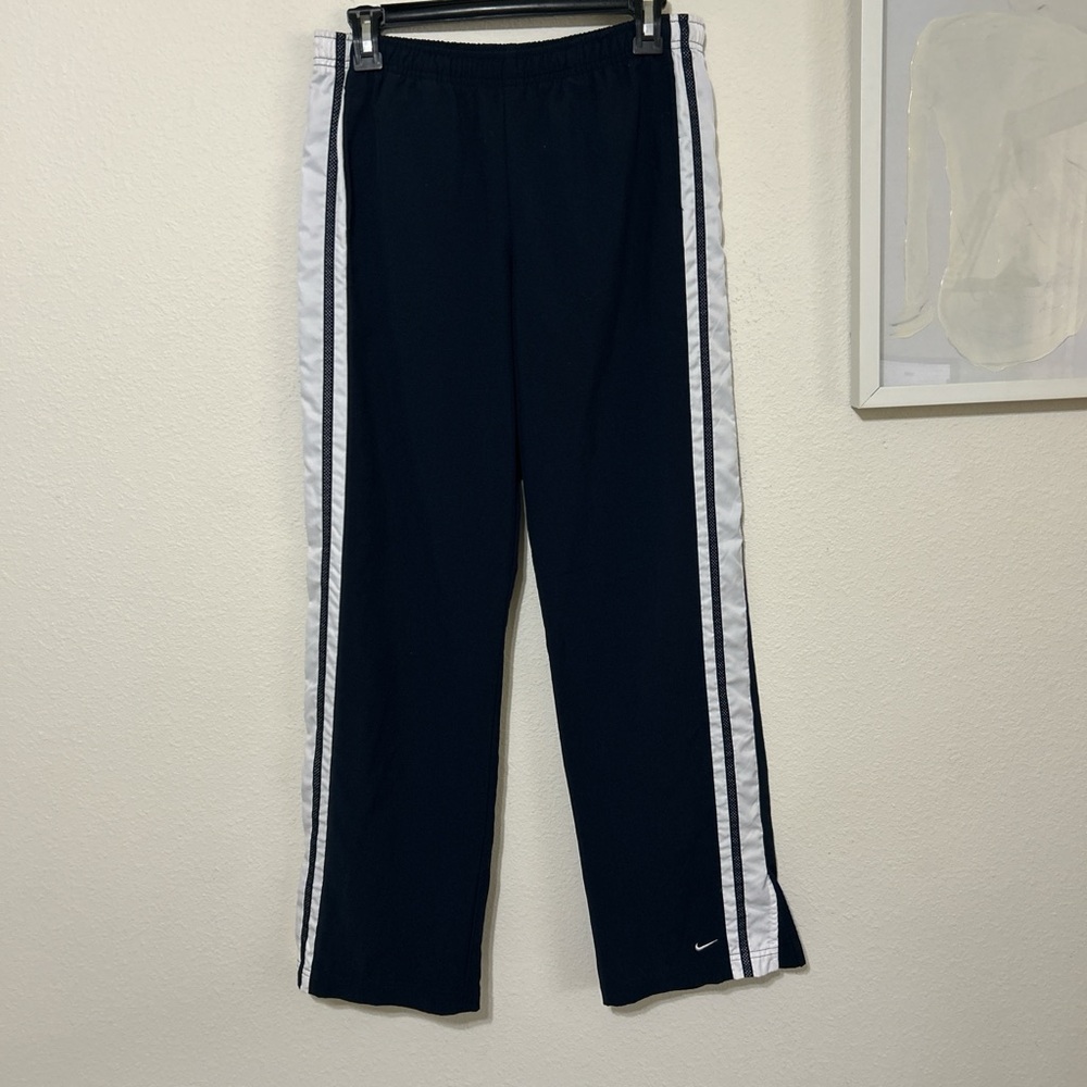 Vintage Y2K Nike Navy Blue Wide Leg Track Pants White Stripe Open Hem S/P